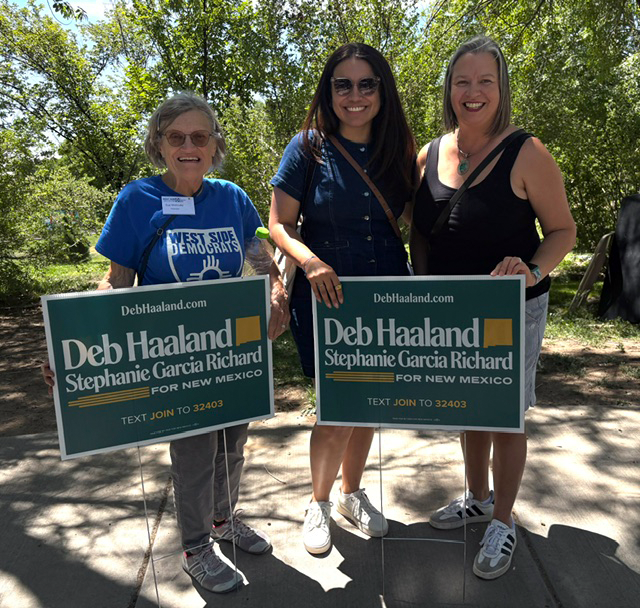 Picnic committee chair Sue Wolinsky with Sen. Cindy Nava and Democratic candidate for Lt. Gov. Stephanie Garcia Richard